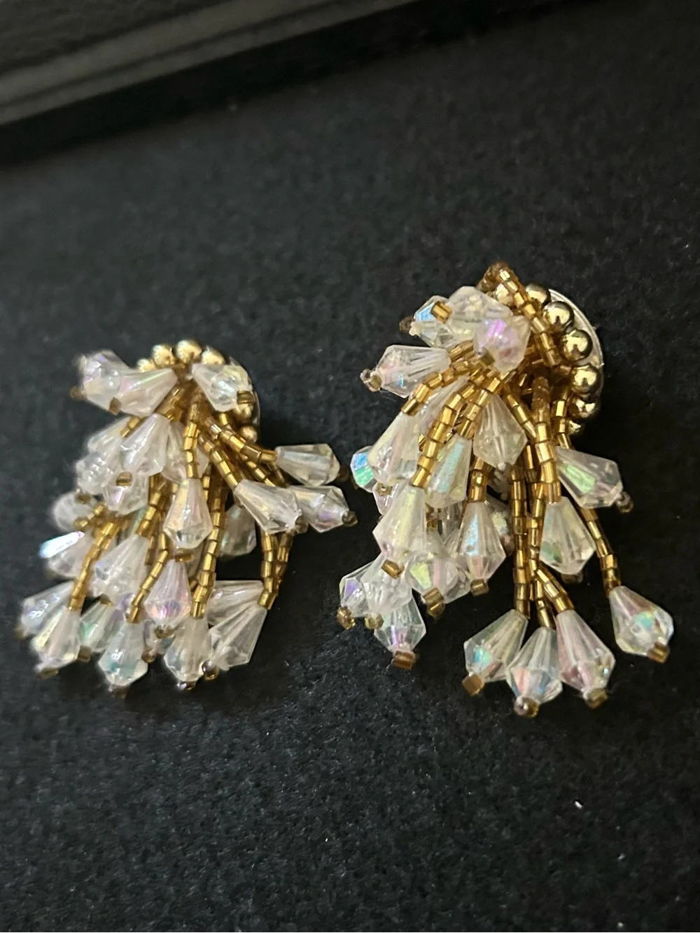 Vintage Gold Beaded Crystal Cluster Earrings - Clear/Gold